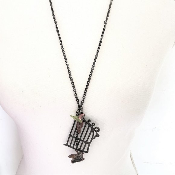 Vintage Bird Cage Pull Over Pendant Necklace Oxidized Twisted Curb Chain - Picture 4 of 6
